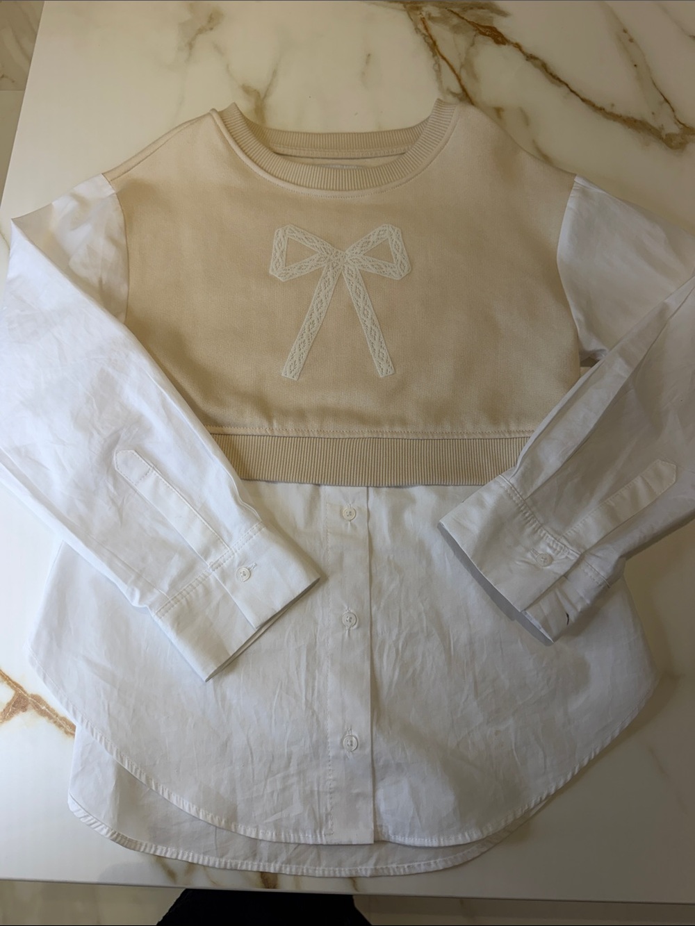 Zara Cream and White Layered Bow-Accent Kids Shirt
